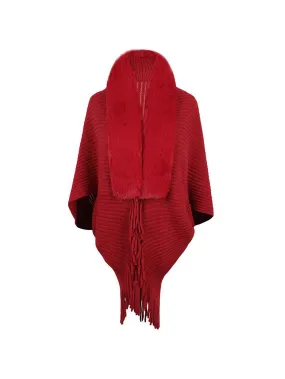 1pc Striped Tassel Shawl With Fur Collar Knitted Cape - Red - FD ⚡