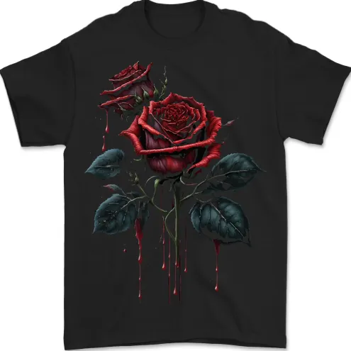 2 Roses Dripping With Blood Gothic Goth Mens T-Shirt 100% Cotton