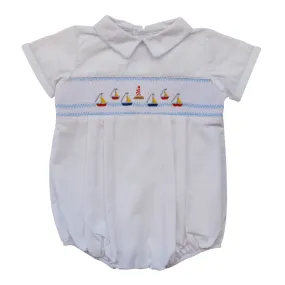 30085-Hand Smocked Mini Sail Boats White Baby Boy Bubble Romper