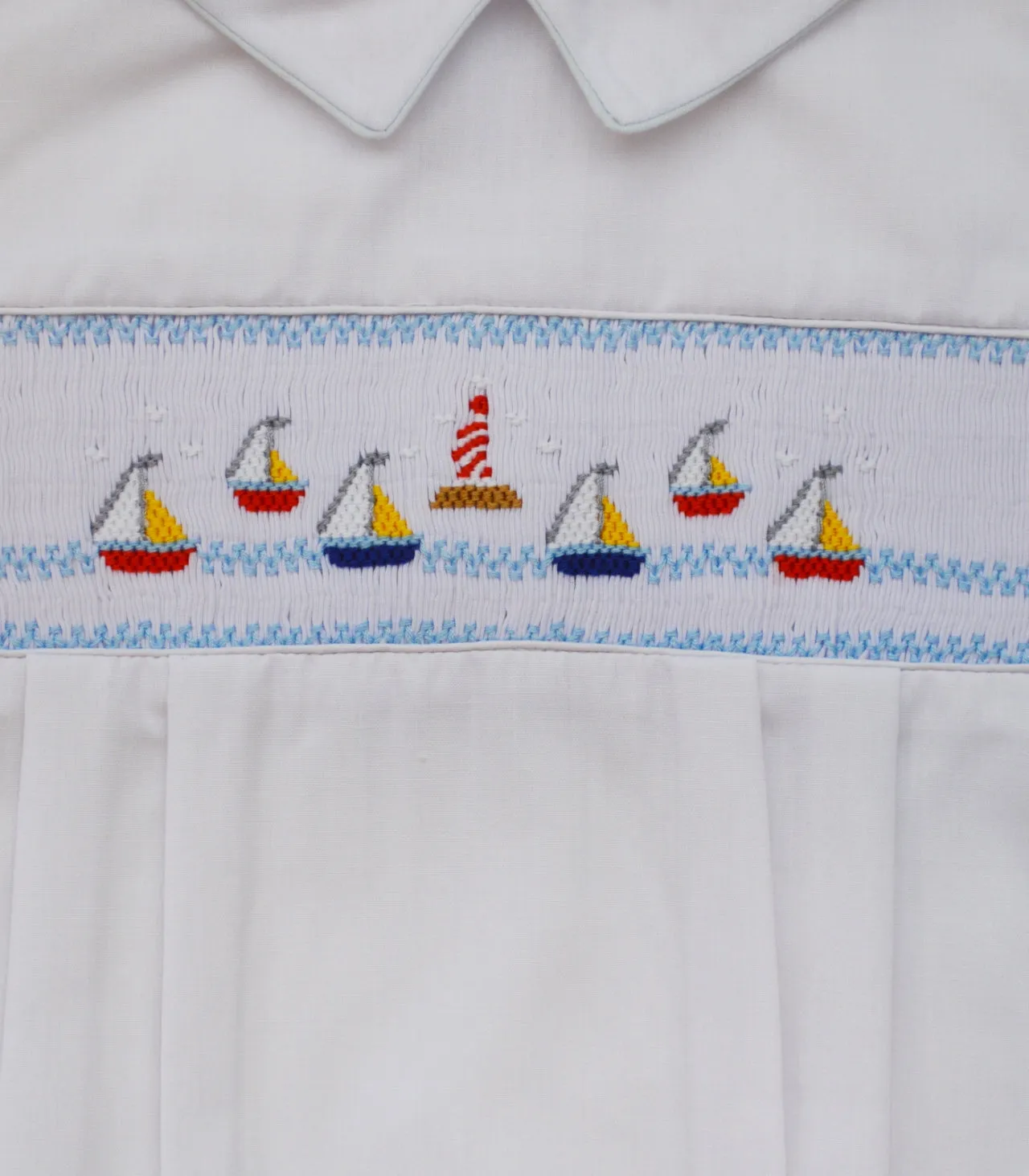 30085-Hand Smocked Mini Sail Boats White Baby Boy Bubble Romper