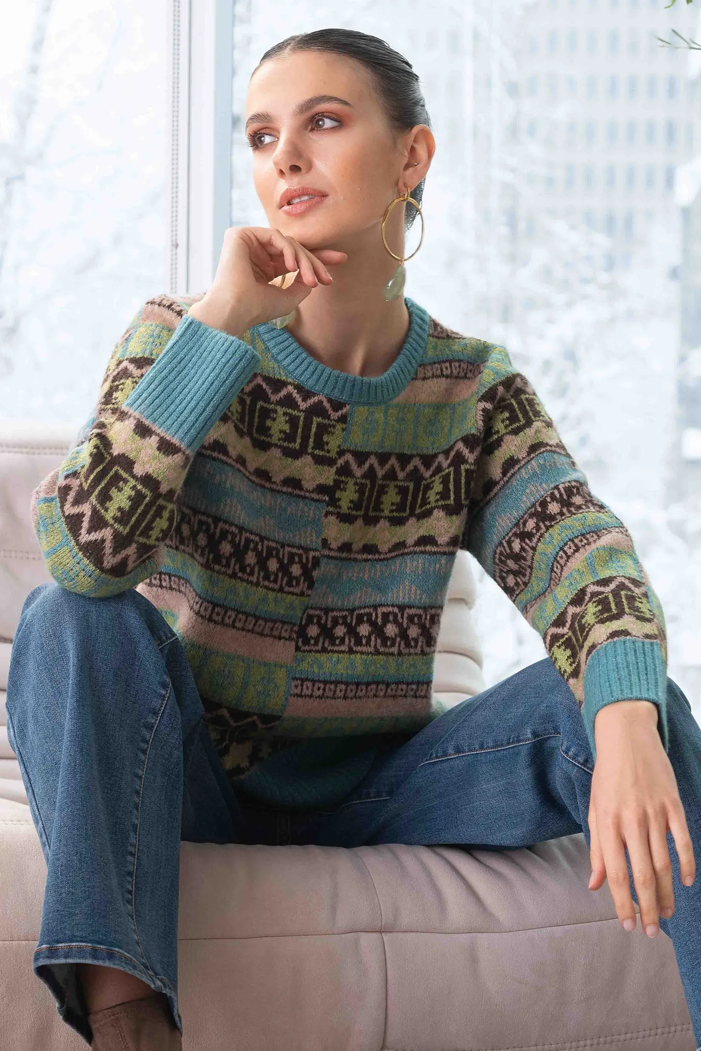 Alison Sheri A44105 Jumper Round Neck Patterned Duck Egg Blue