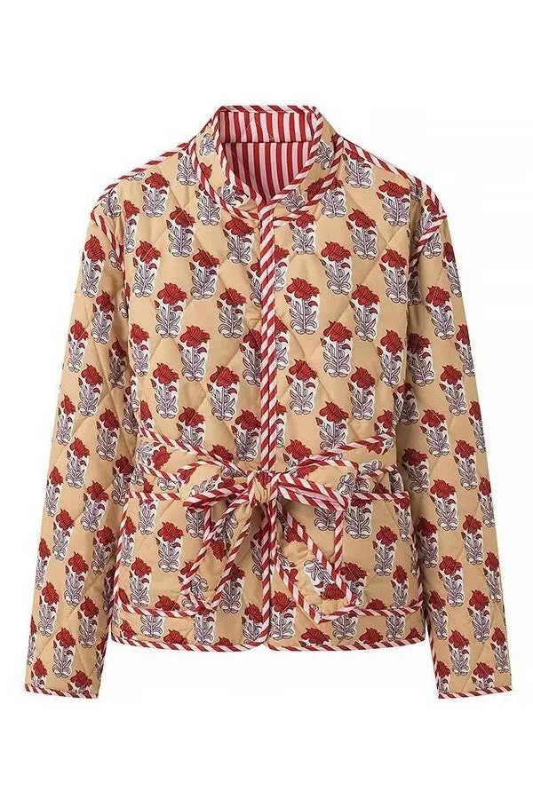 Annie Floral Print Quilted Jacket-Beige/Red