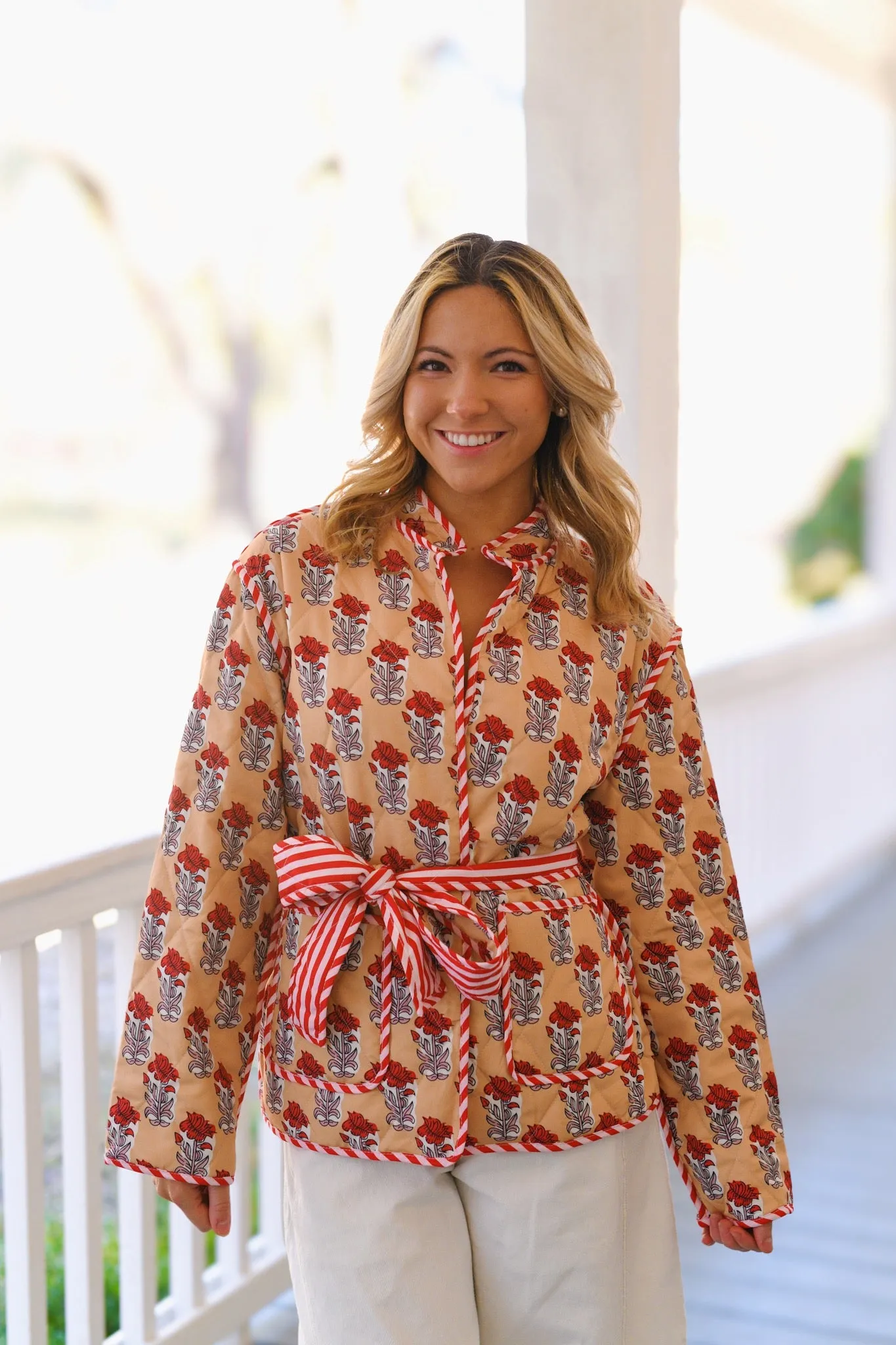Annie Floral Print Quilted Jacket-Beige/Red