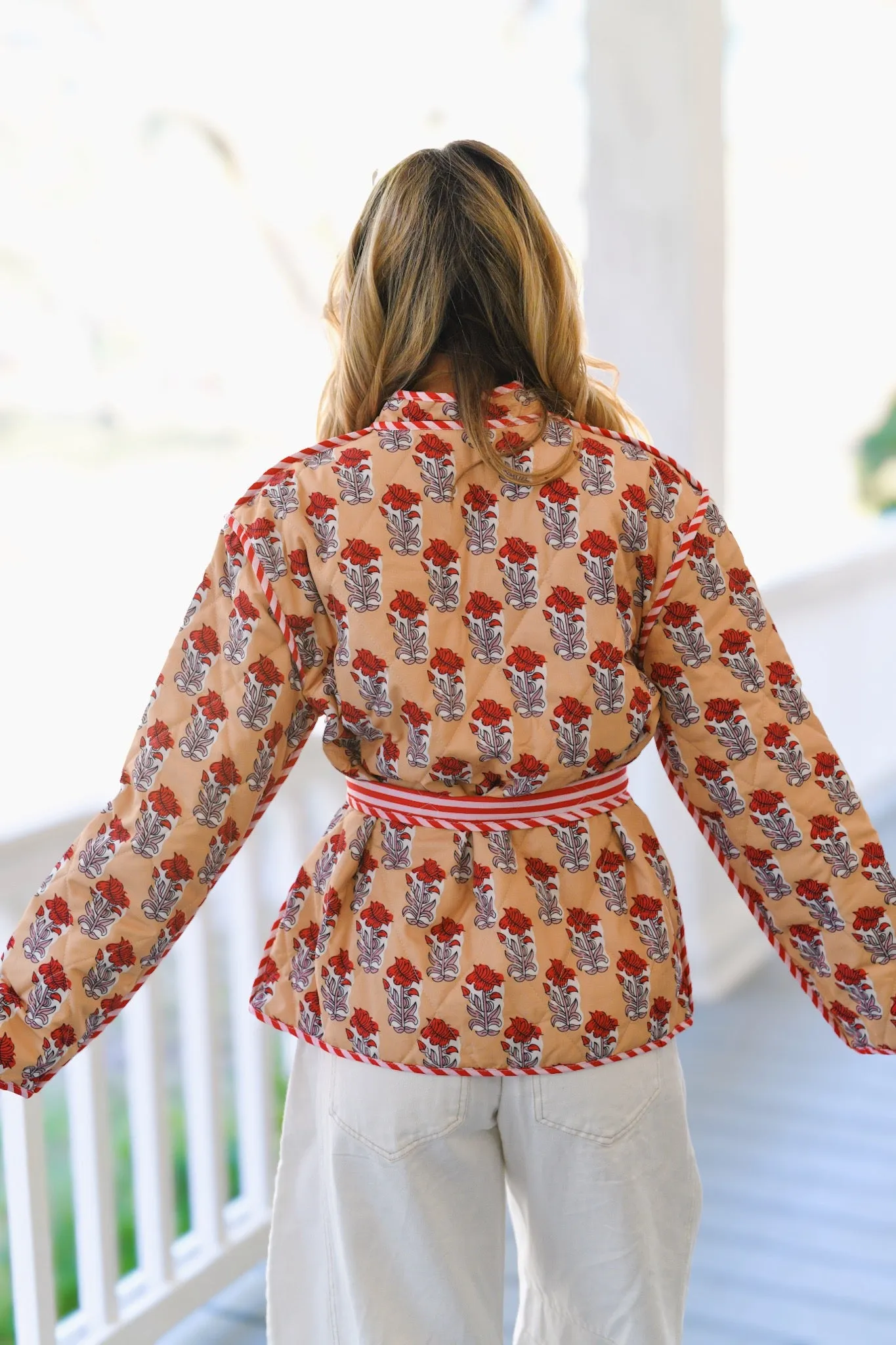 Annie Floral Print Quilted Jacket-Beige/Red