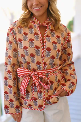 Annie Floral Print Quilted Jacket-Beige/Red