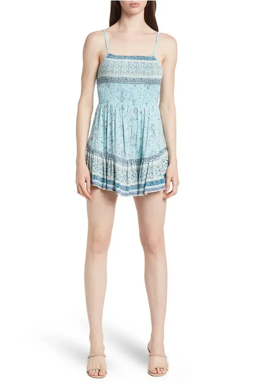 Blue Pasiley Smocked Bodice Romper
