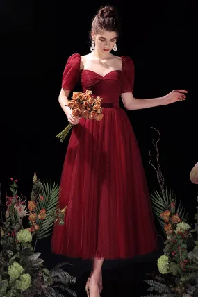 Burgundy A-Line Tulle Short Prom Dress, Cute Short Sleeve Homecoming Dress