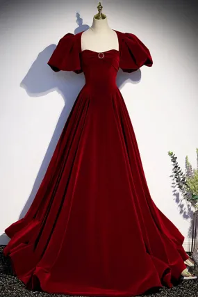 Burgundy Velvet Long Prom Dress, A-Line Backless Evening Party Dress