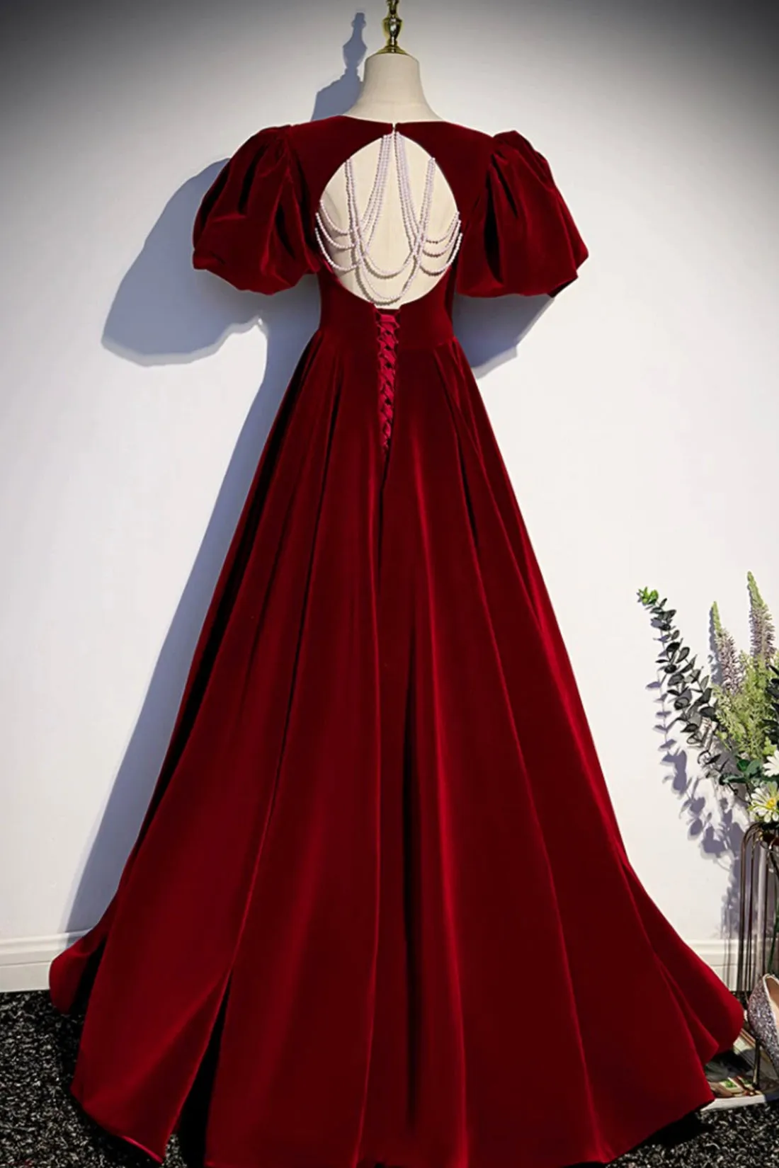 Burgundy Velvet Long Prom Dress, A-Line Backless Evening Party Dress