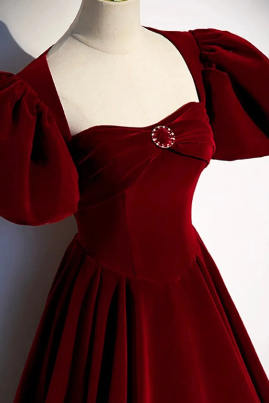 Burgundy Velvet Long Prom Dress, A-Line Backless Evening Party Dress