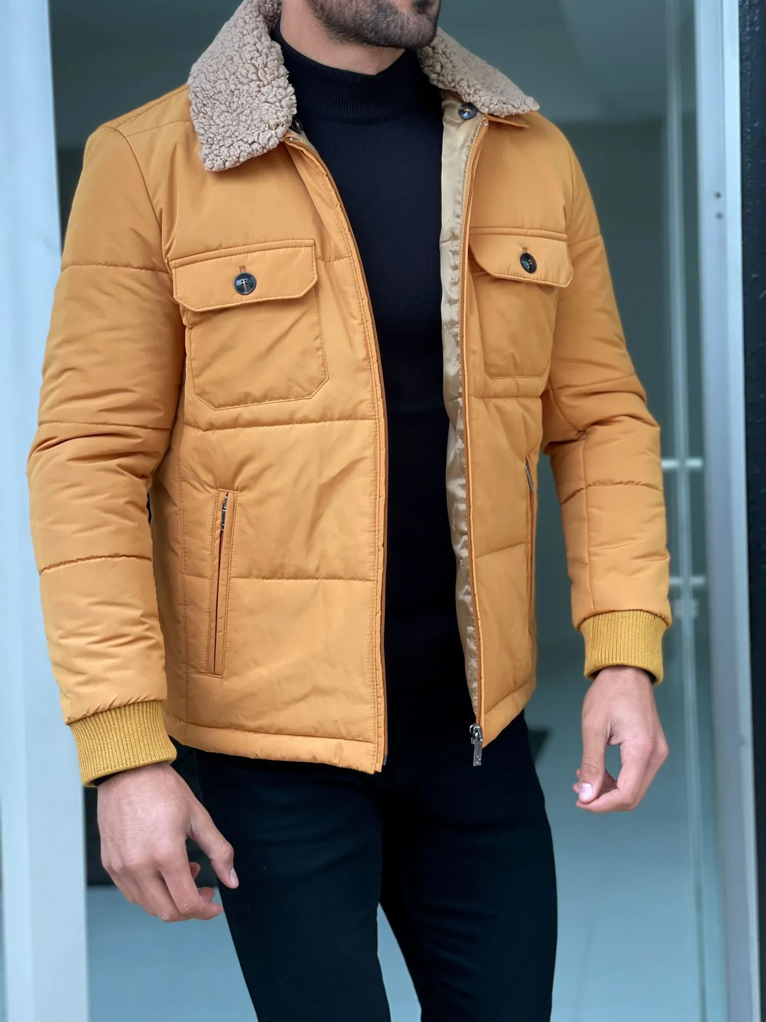 Cameron Slim Fit Yellow Fur Winter Coat