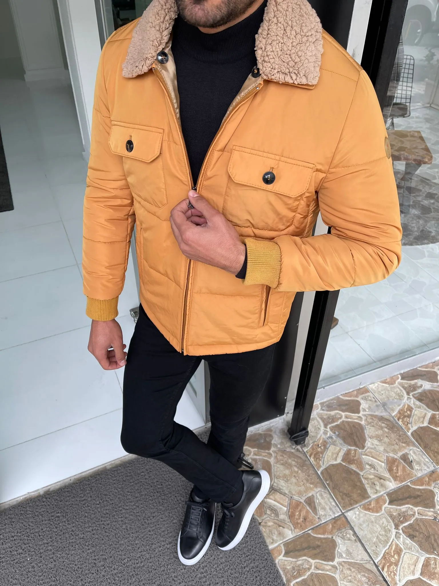Cameron Slim Fit Yellow Fur Winter Coat