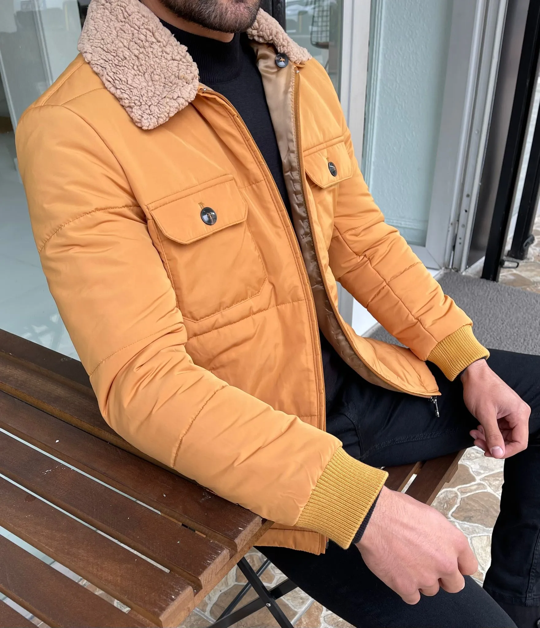 Cameron Slim Fit Yellow Fur Winter Coat