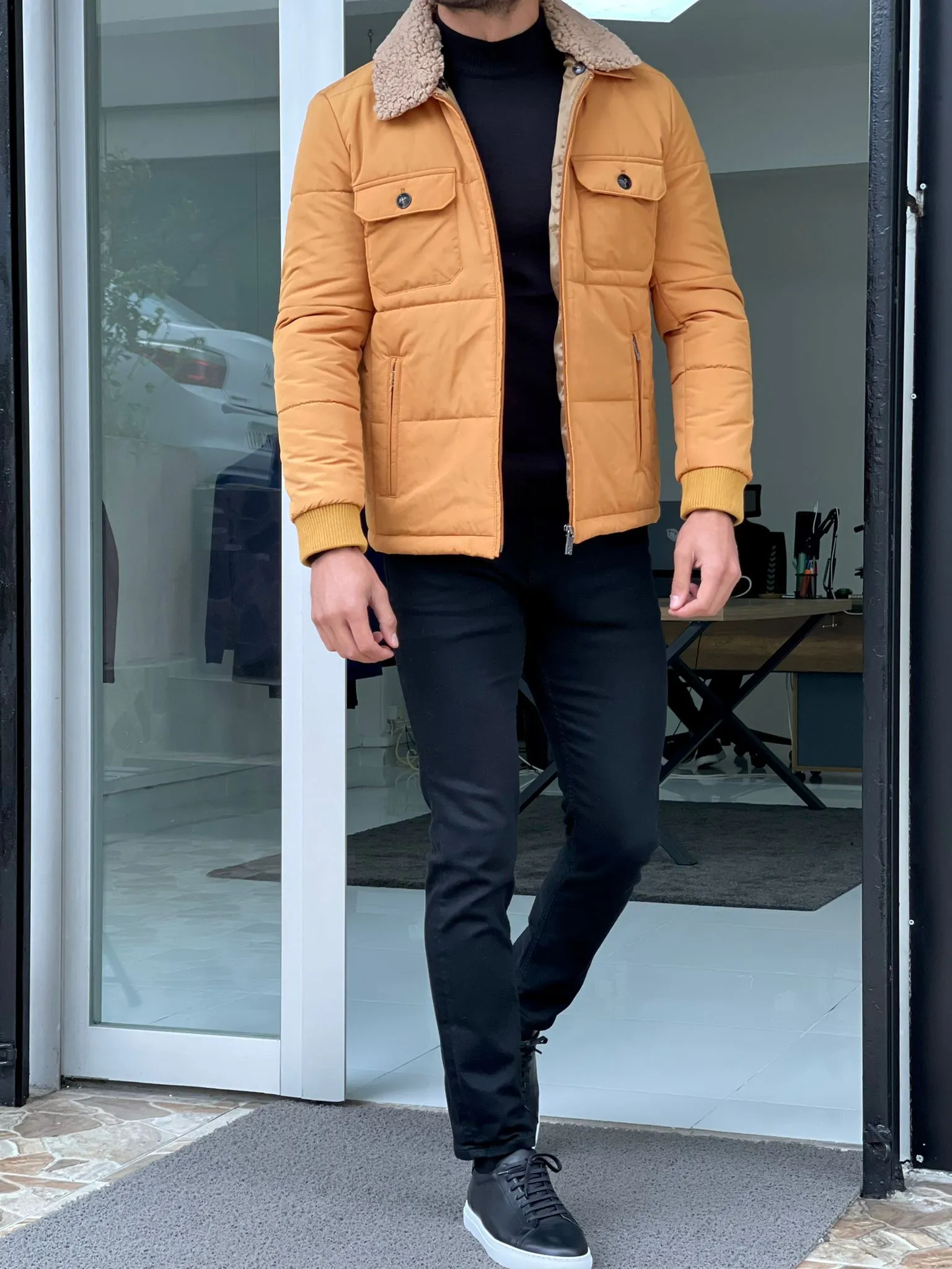 Cameron Slim Fit Yellow Fur Winter Coat