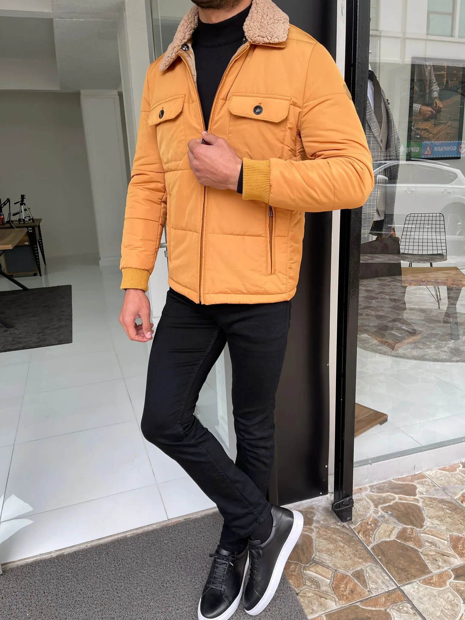 Cameron Slim Fit Yellow Fur Winter Coat