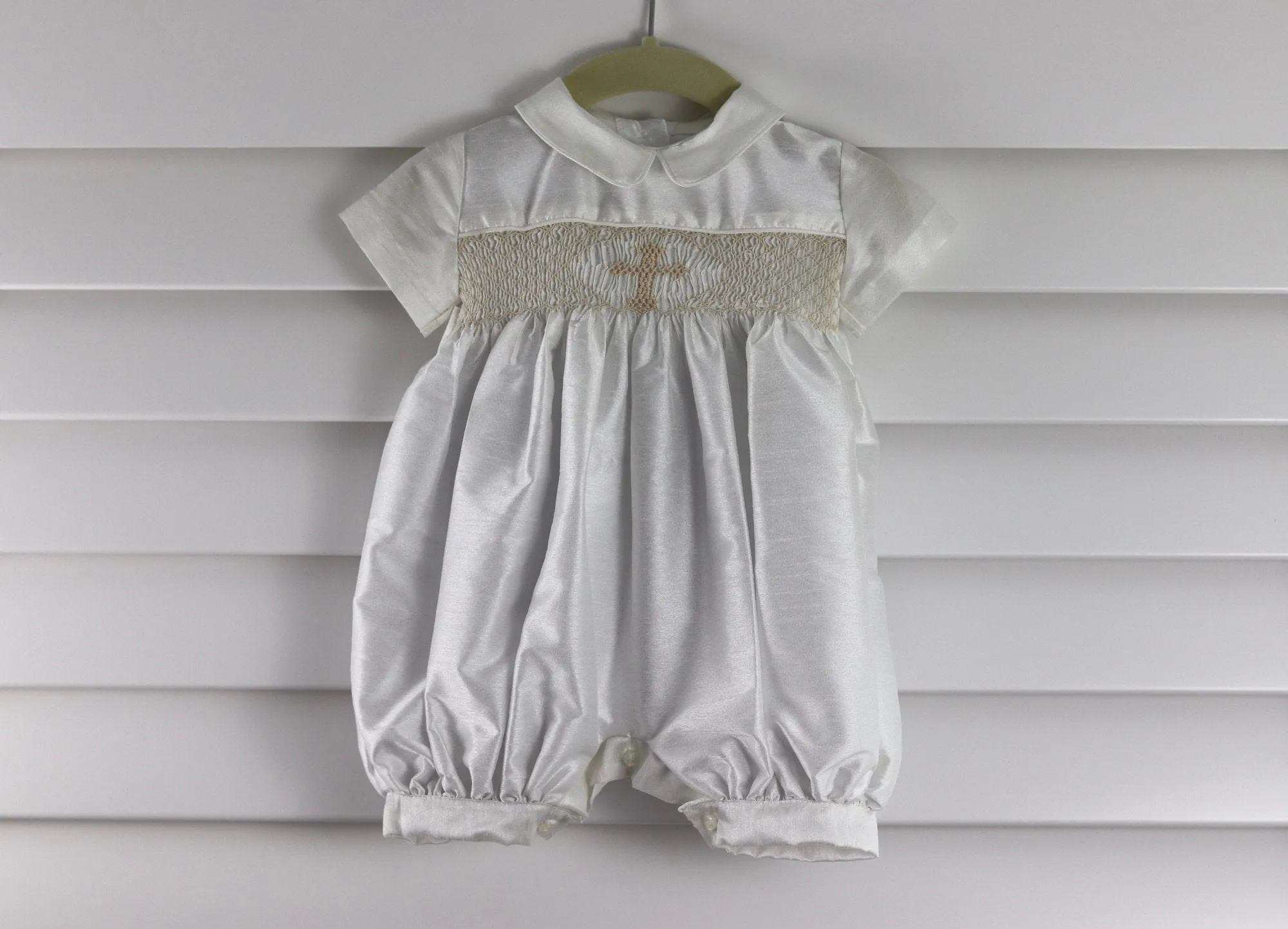 Christening Baby Boy Outfit Ivory Shantung Romper,  Baptism Boy,  Blessing Baby Boy Outfit, Smocked Romper Ivory Baby Boy
