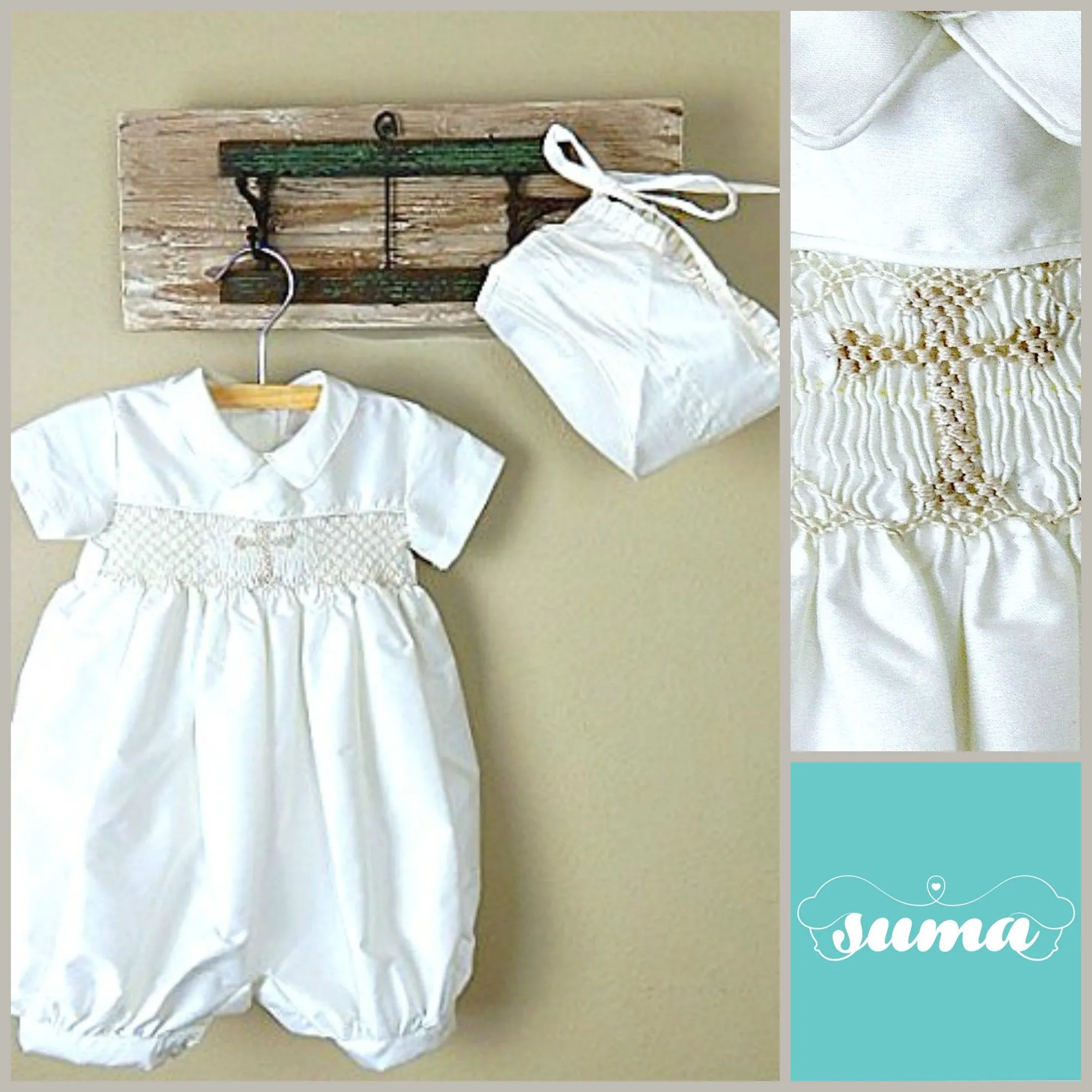 Christening Baby Boy Outfit Ivory Shantung Romper,  Baptism Boy,  Blessing Baby Boy Outfit, Smocked Romper Ivory Baby Boy