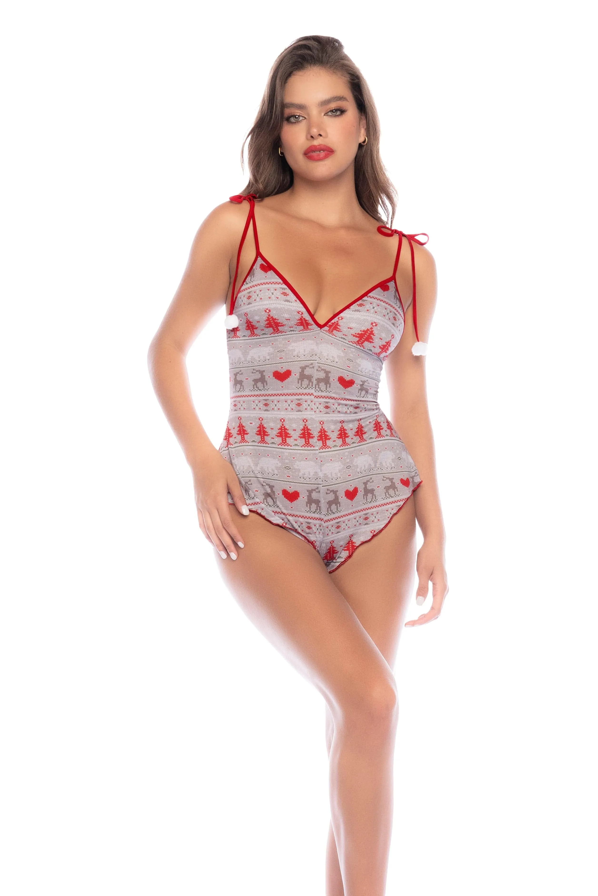 Christmas Print Shoulder Tie Cheeky Lounge Gray Romper