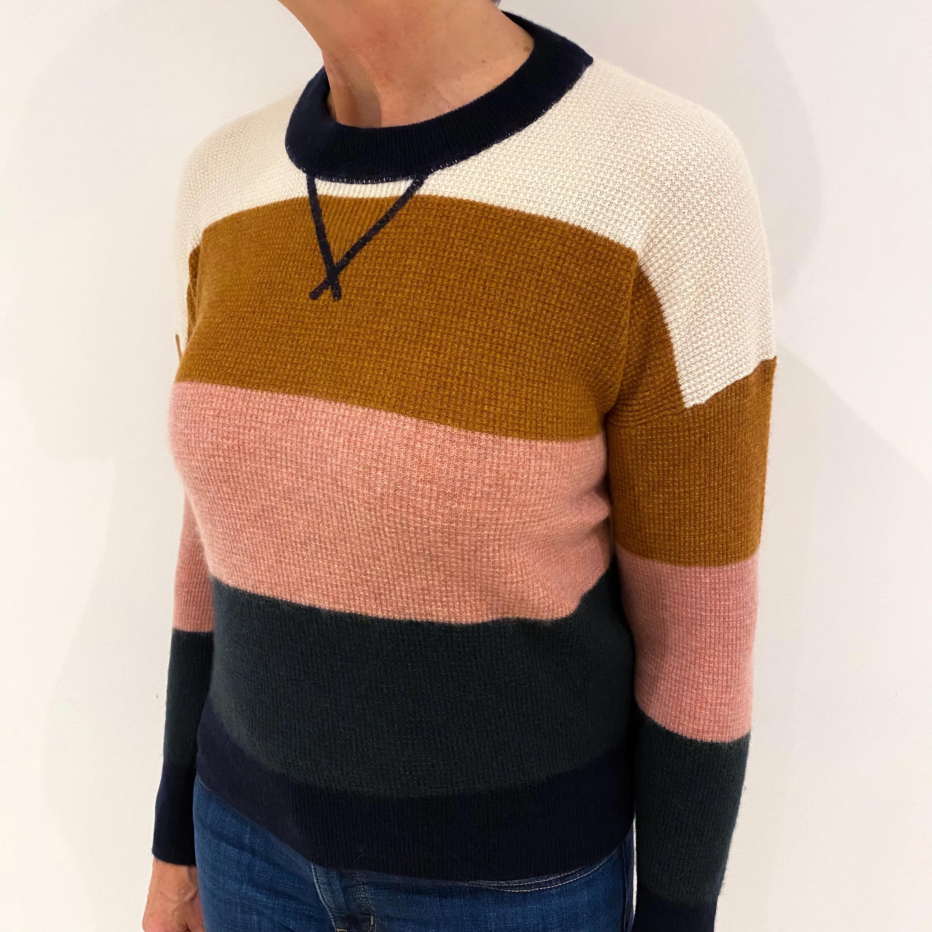 Colourful Striped Waffle Cashmere Crew Neck Jumper Medium