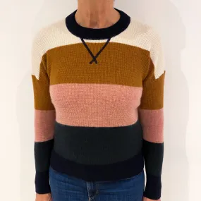 Colourful Striped Waffle Cashmere Crew Neck Jumper Medium