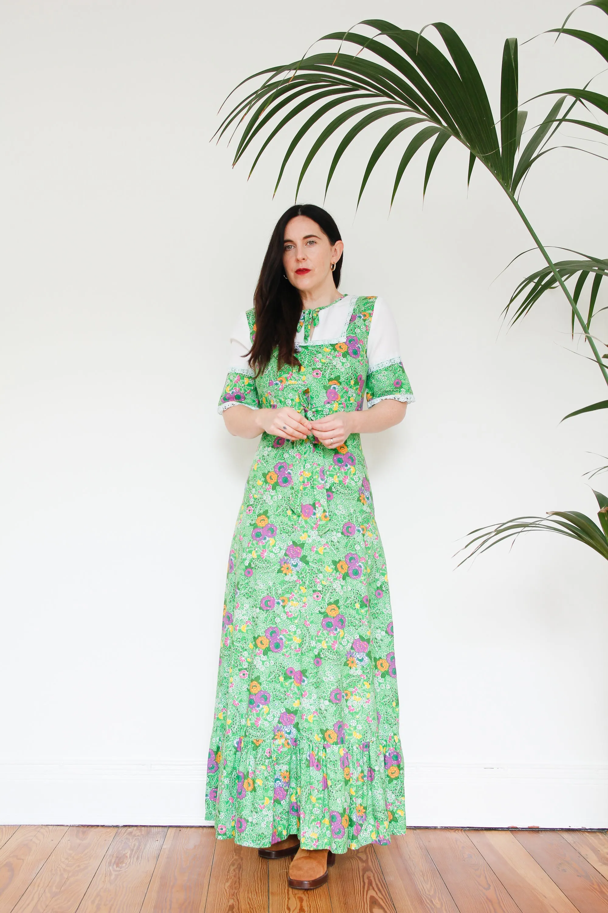 Copy of 1970's Cotton Floral Tie Collar Maxi Dress