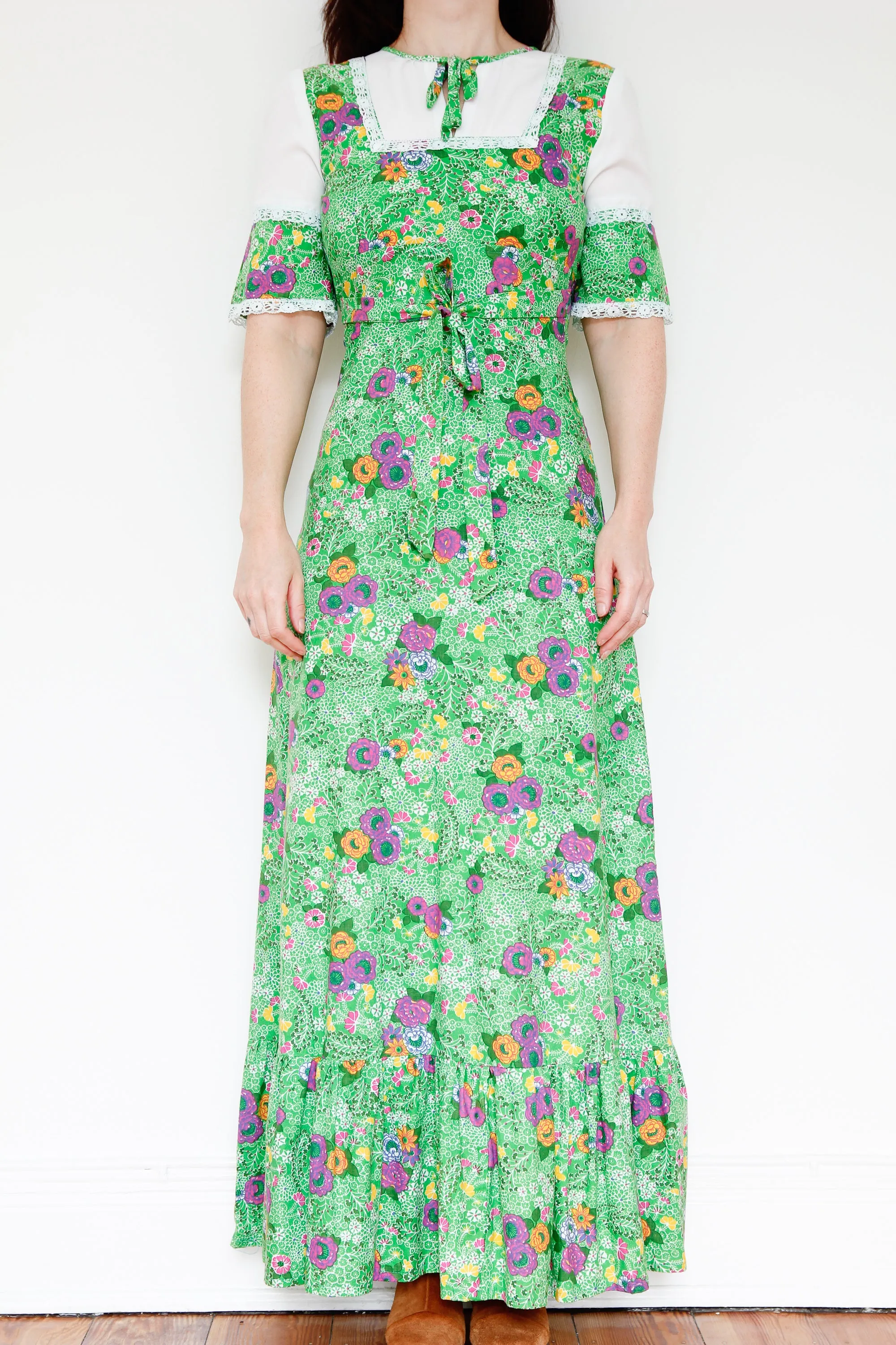 Copy of 1970's Cotton Floral Tie Collar Maxi Dress