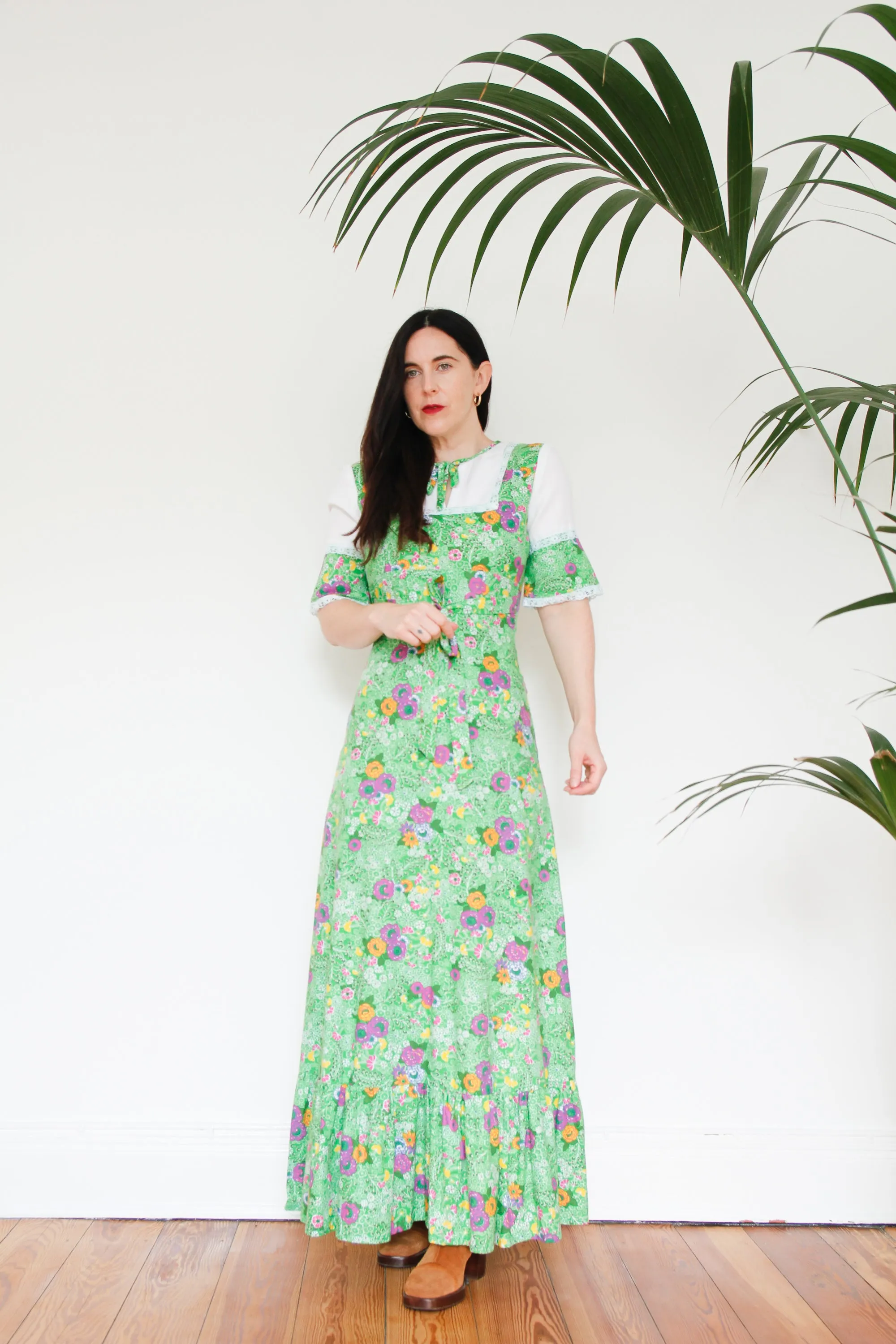 Copy of 1970's Cotton Floral Tie Collar Maxi Dress