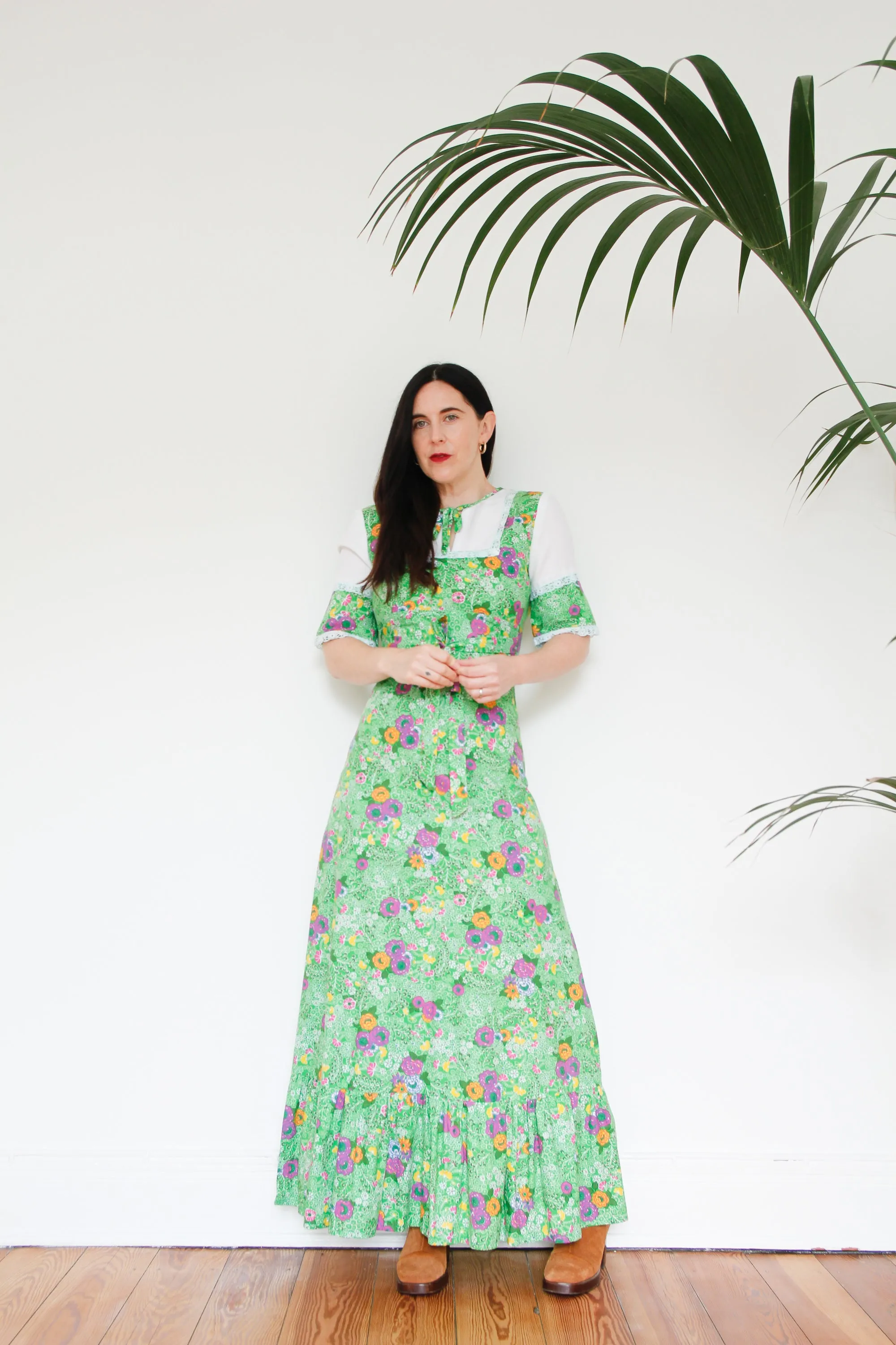 Copy of 1970's Cotton Floral Tie Collar Maxi Dress