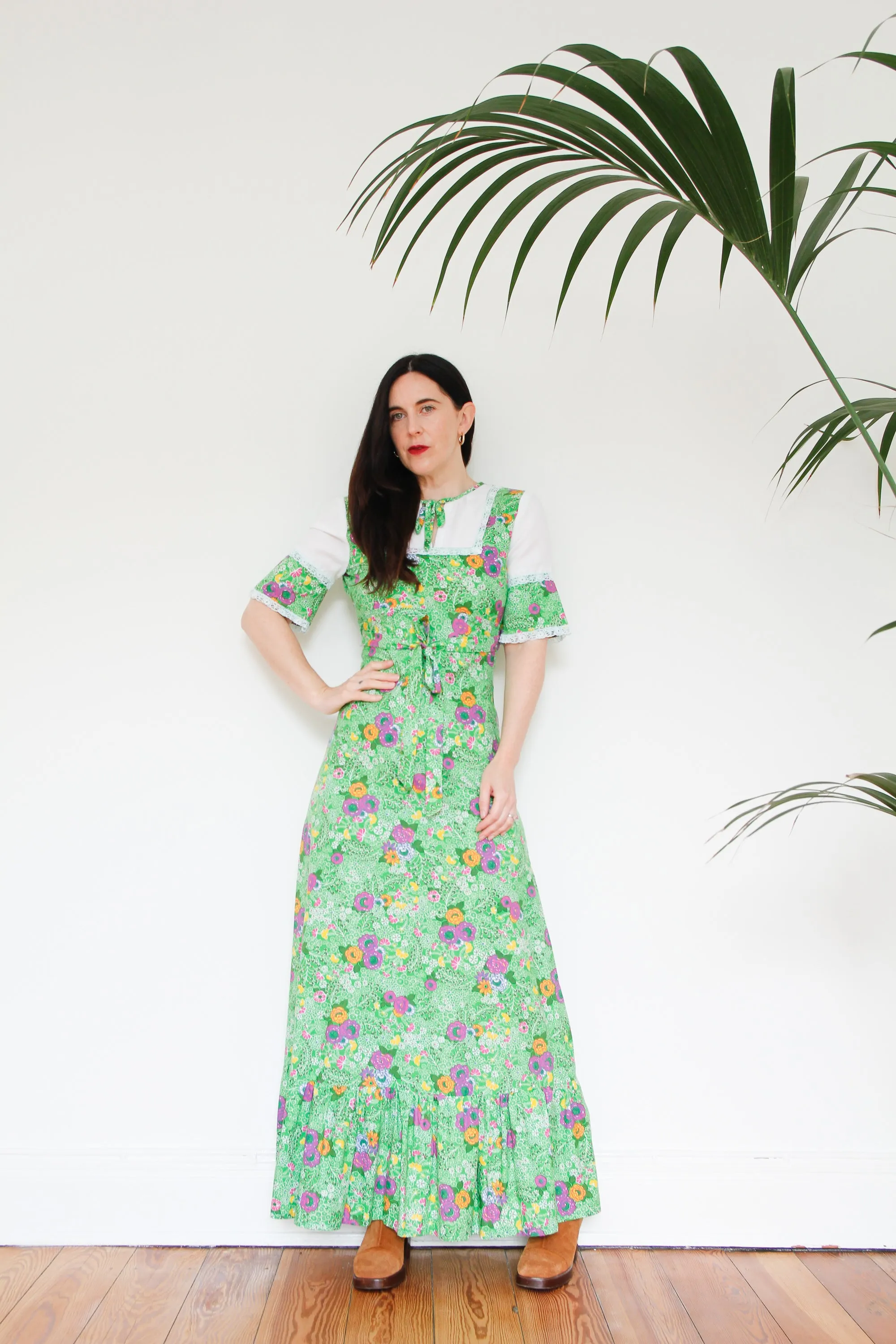 Copy of 1970's Cotton Floral Tie Collar Maxi Dress