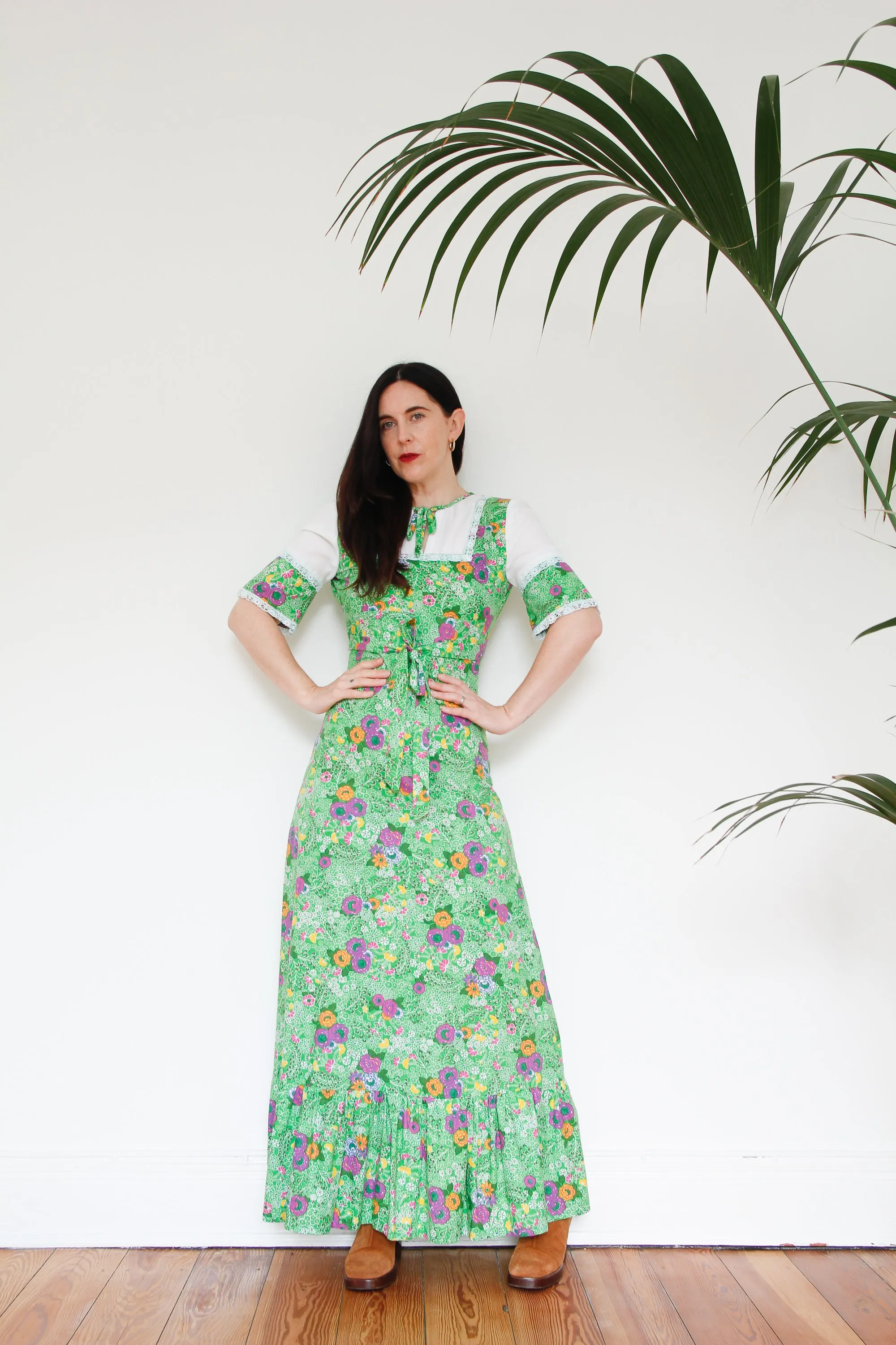 Copy of 1970's Cotton Floral Tie Collar Maxi Dress