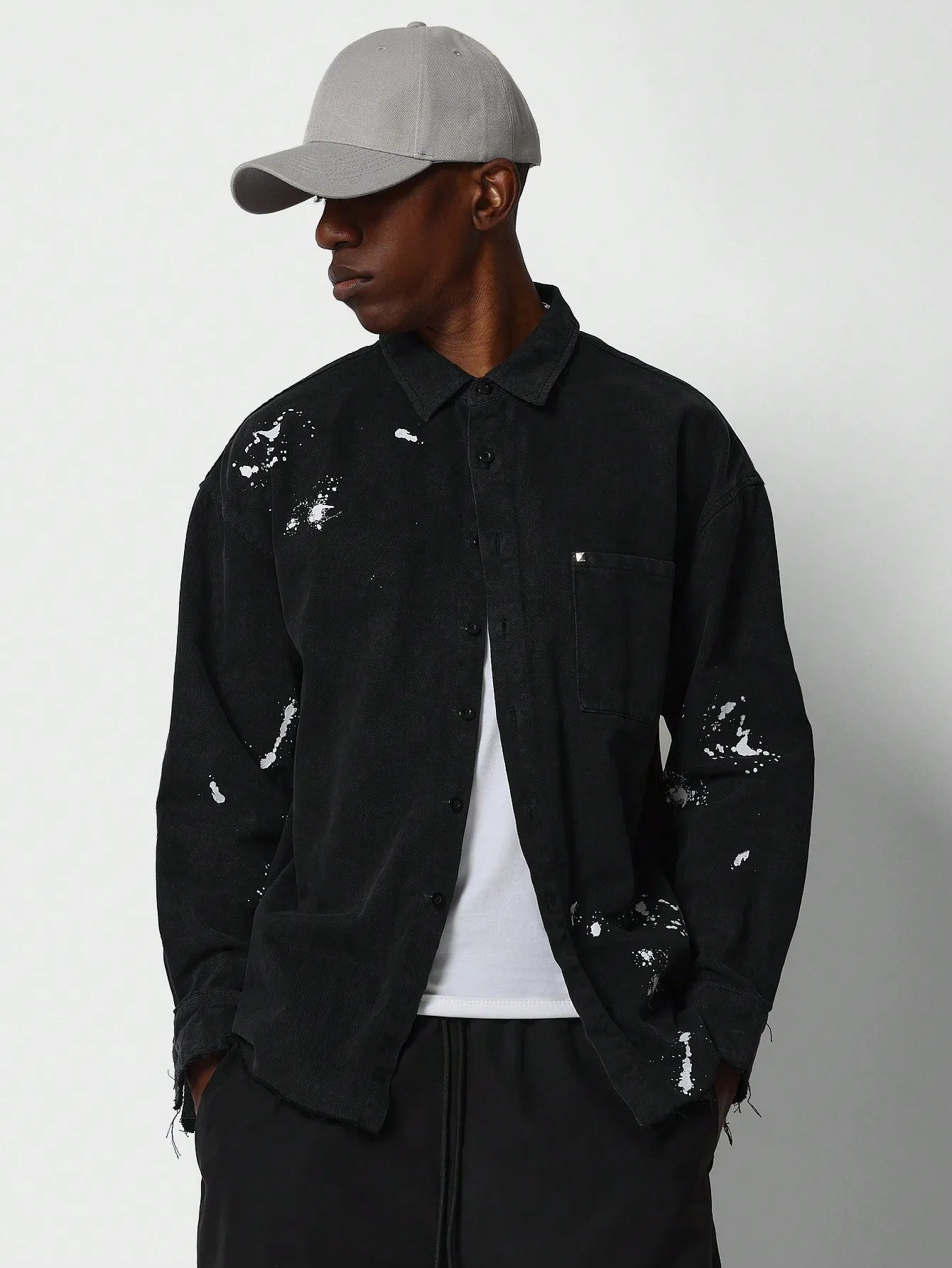 Denim Jacket With Gothic Splash Paint Print And Back Embroidery