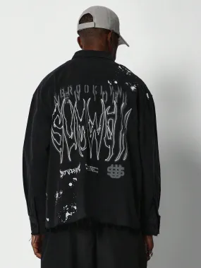 Denim Jacket With Gothic Splash Paint Print And Back Embroidery