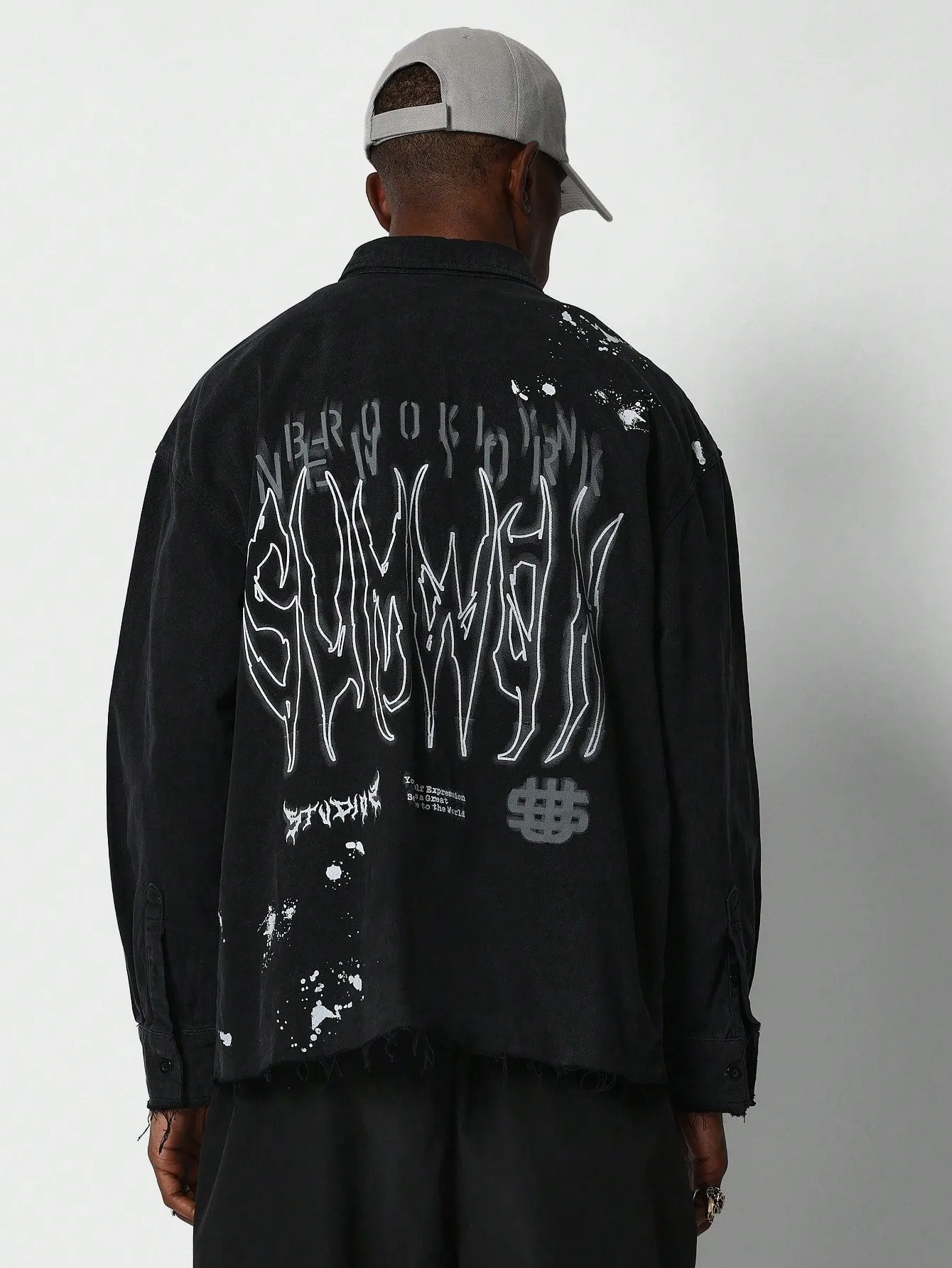 Denim Jacket With Gothic Splash Paint Print And Back Embroidery