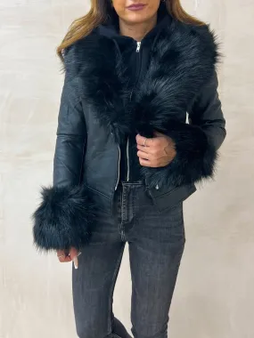 Faux Fur Biker Jacket In Black