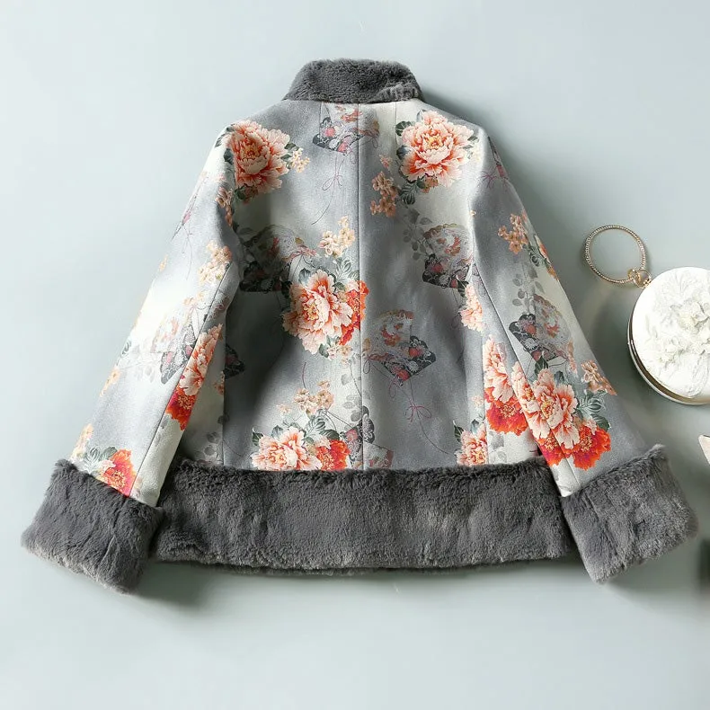 Floral Suede Cheongsam Top Chinese Style Jacket with Fur Collar