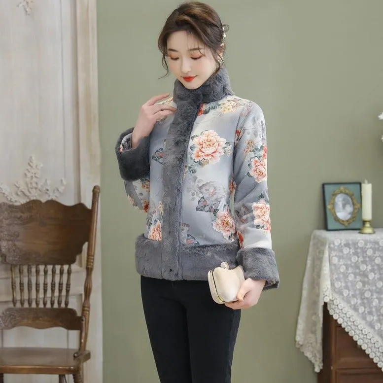 Floral Suede Cheongsam Top Chinese Style Jacket with Fur Collar