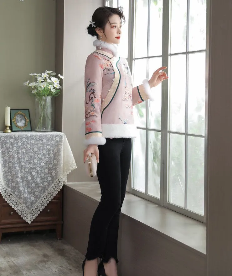 Floral Suede Fur Edge Women's Chinese Style Jacket Wadded Coat