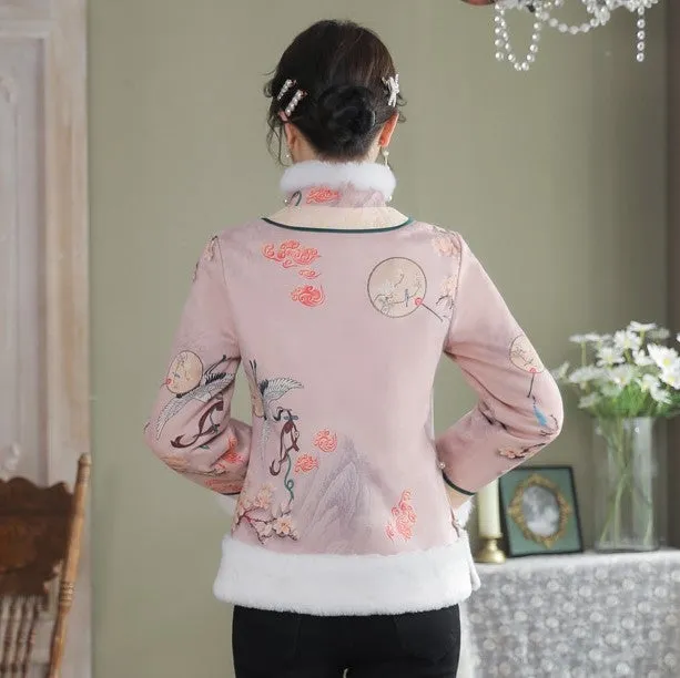 Floral Suede Fur Edge Women's Chinese Style Jacket Wadded Coat