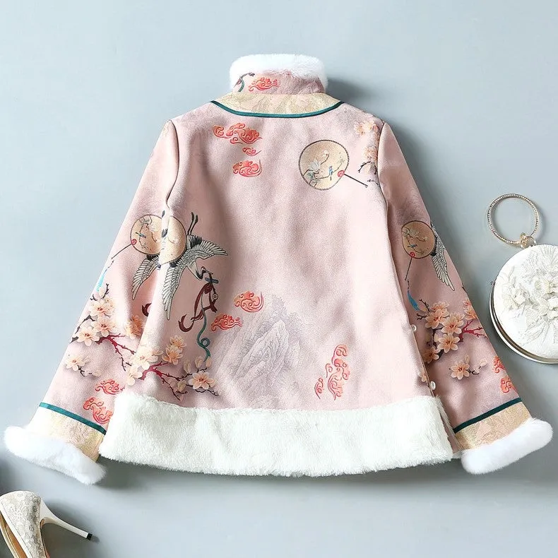 Floral Suede Fur Edge Women's Chinese Style Jacket Wadded Coat