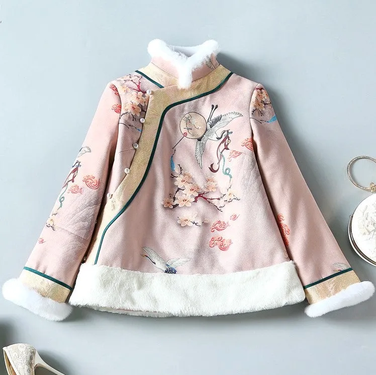 Floral Suede Fur Edge Women's Chinese Style Jacket Wadded Coat