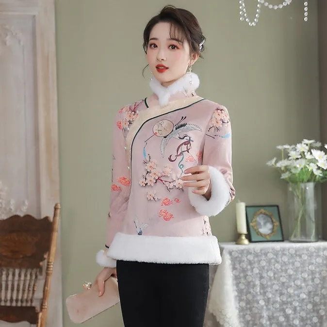 Floral Suede Fur Edge Women's Chinese Style Jacket Wadded Coat