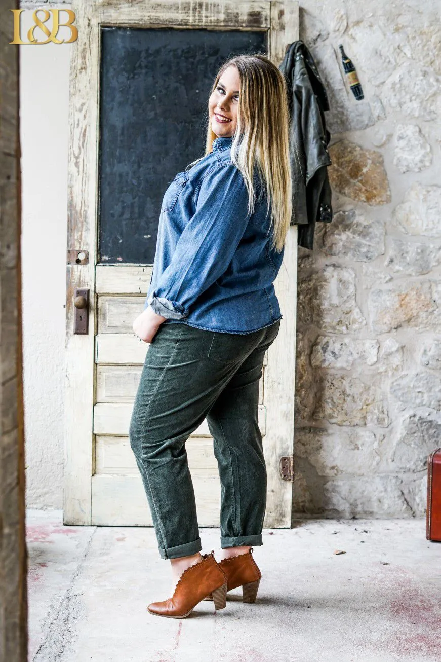 Green corduroy boyfriend jeans