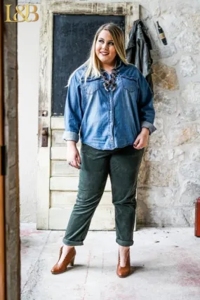 Green corduroy boyfriend jeans