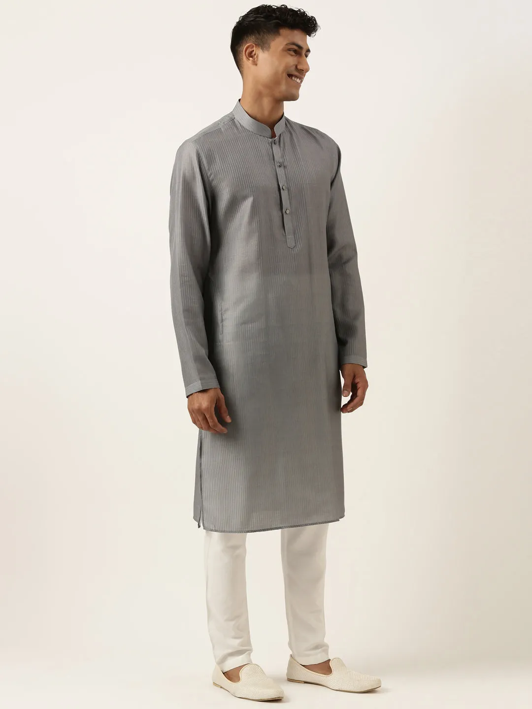 Grey Velvet Quilted Jacket Kurta Set