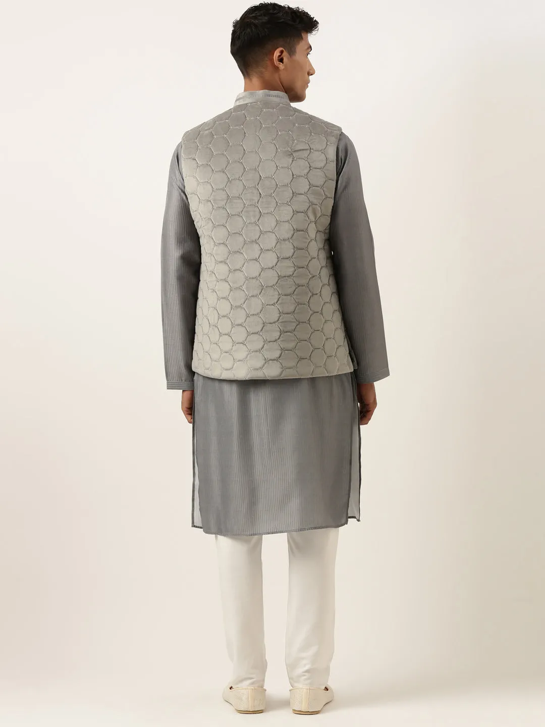 Grey Velvet Quilted Jacket Kurta Set