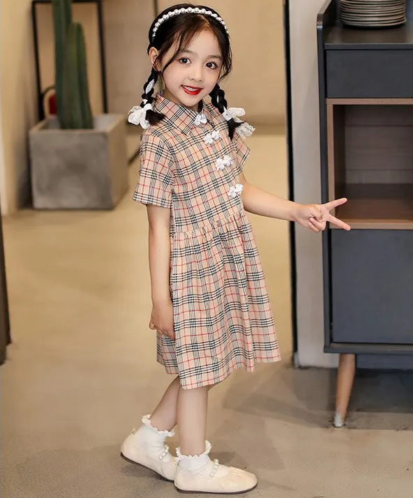Lapel Collar Cheongsam Top Plaids & Checks Pattern Girl's Chinese Dress