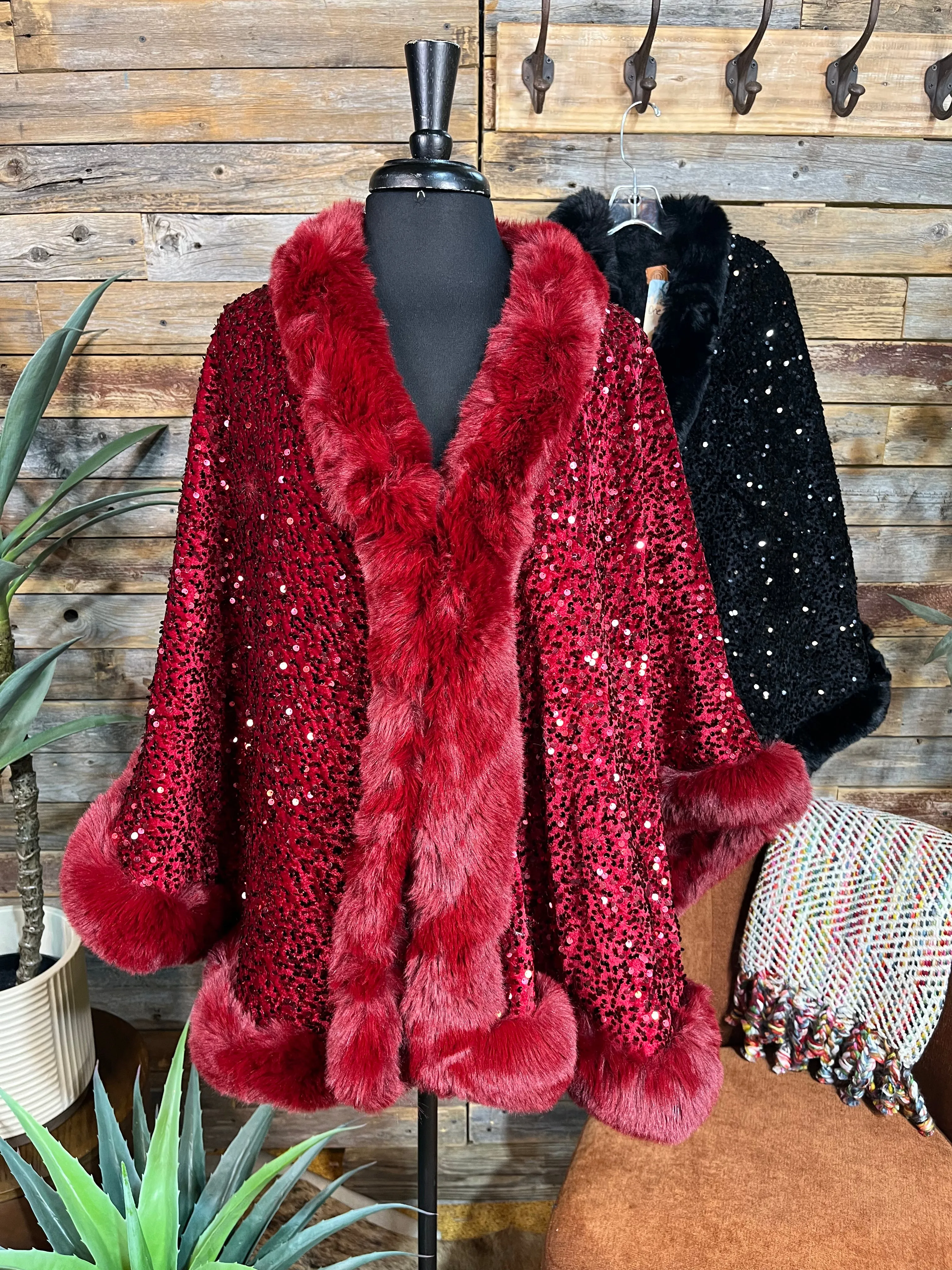 Layla Sequin Faux Fur Trim Cape
