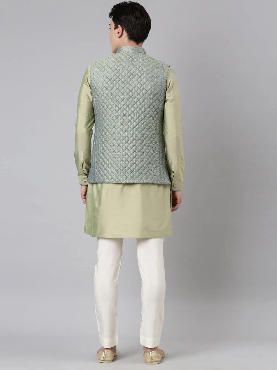 Lime Green Blue Jacquard Quilted Jacket With Green Short Kurta