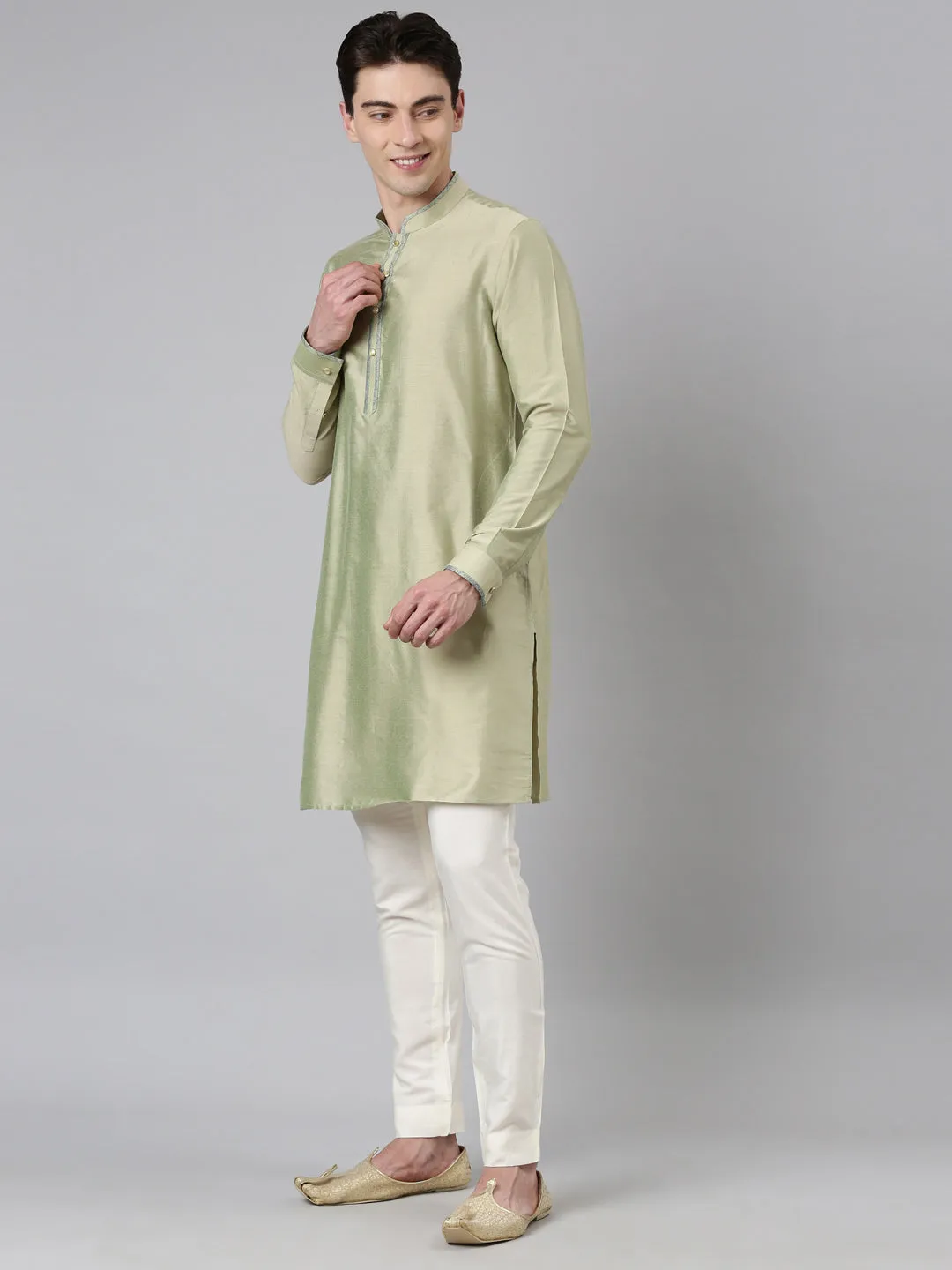 Lime Green Blue Jacquard Quilted Jacket With Green Short Kurta