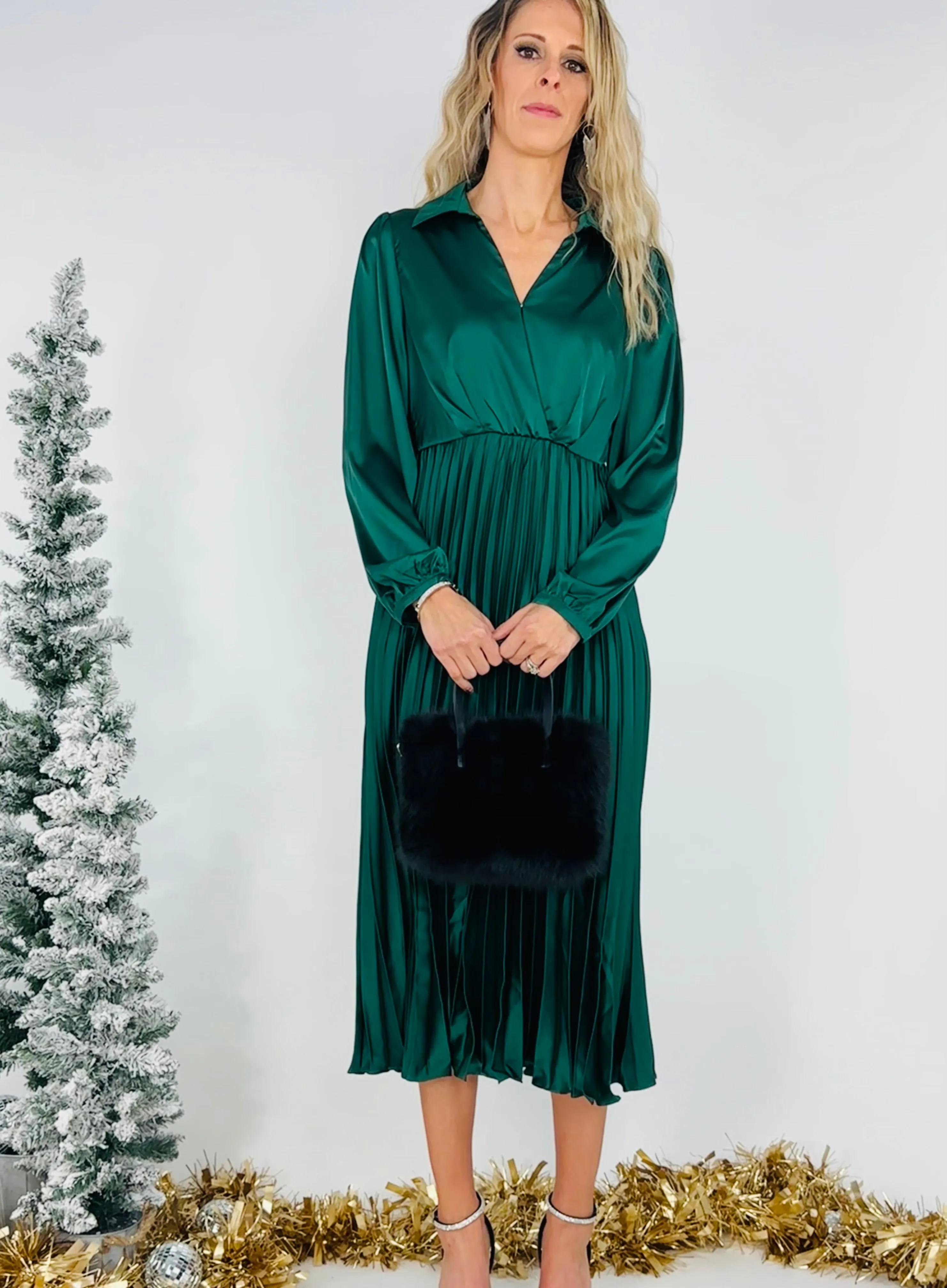 Mandy | Pleated Satin Dress | Green